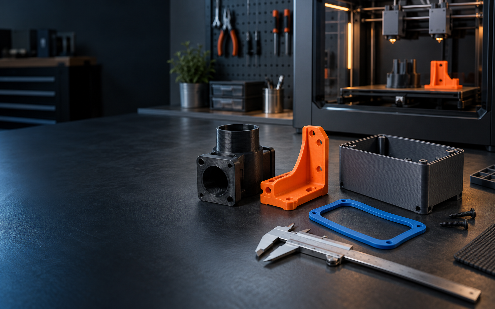 Funktionale 3D-Druckteile auf einer Werkbank